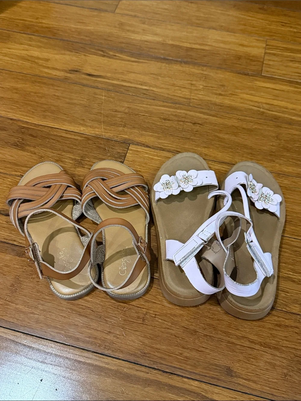Bundle 2x Girl pink Floral Sandals and Tan Braided Strap Sandals size 12